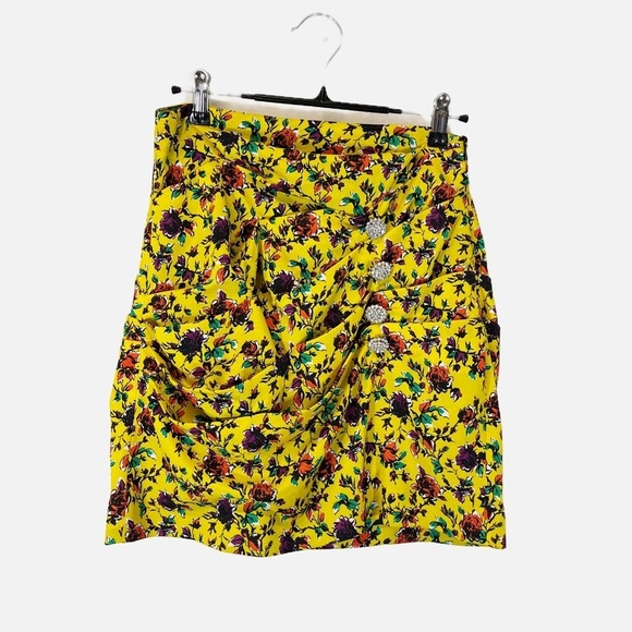 Zara Draped Yellow Floral Print Mini Skirt Jewel Buttons Size Small - Picture 3 of 9
